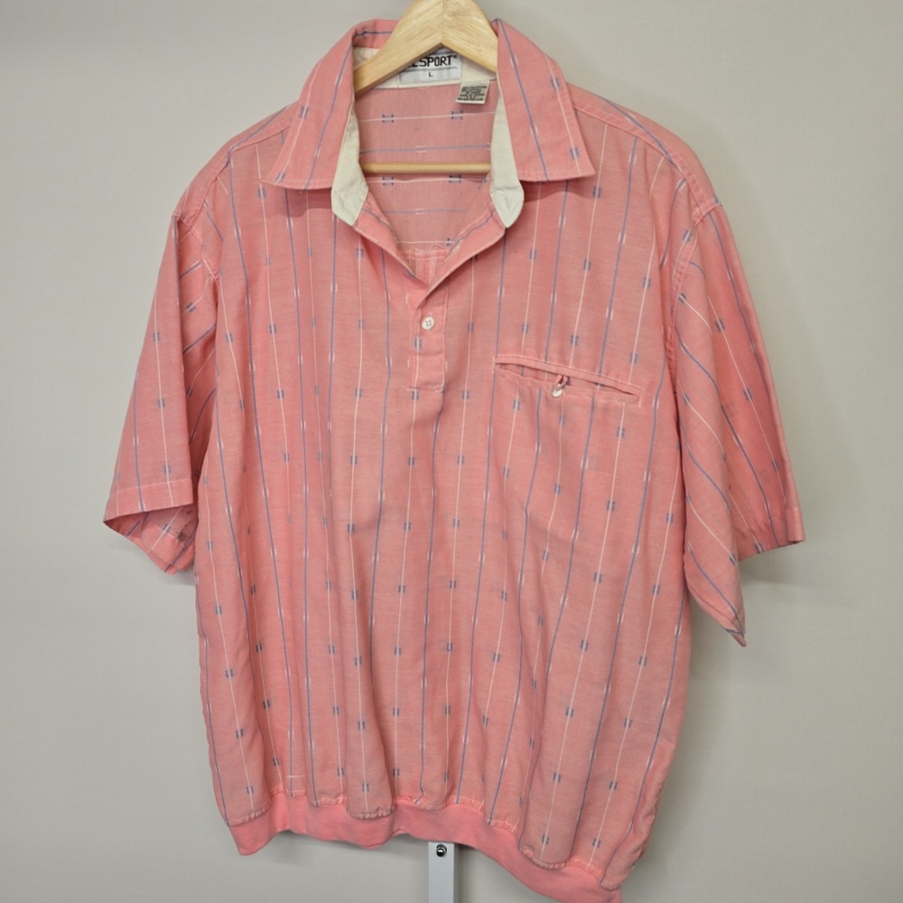 Vintage L Sport Mens Pink Stripe Button Up‎ Short Sleeve Collared Shirt Size L